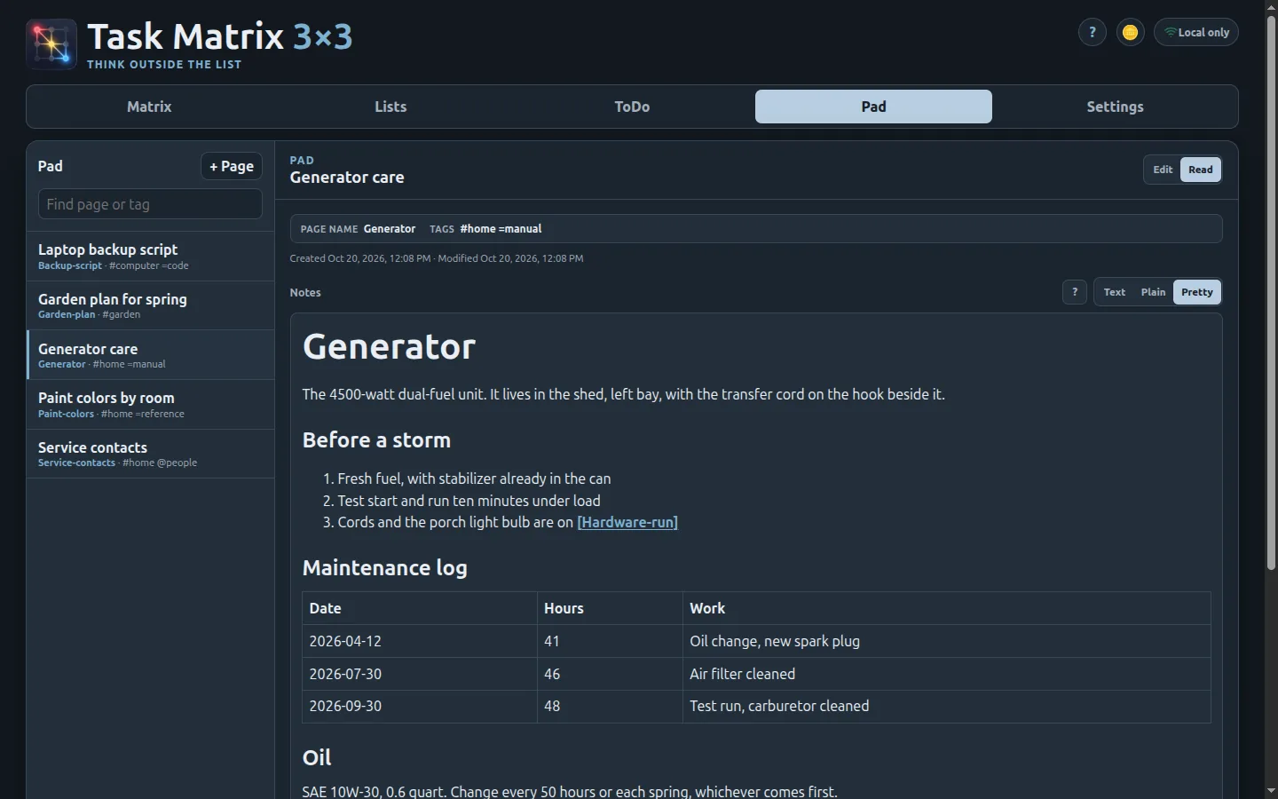 A Pad page called Generator care, rendered from Markdown: a heading, a short paragraph, a numbered list with a link to a List, and a maintenance-log table. The other Pad pages are listed down the left side.