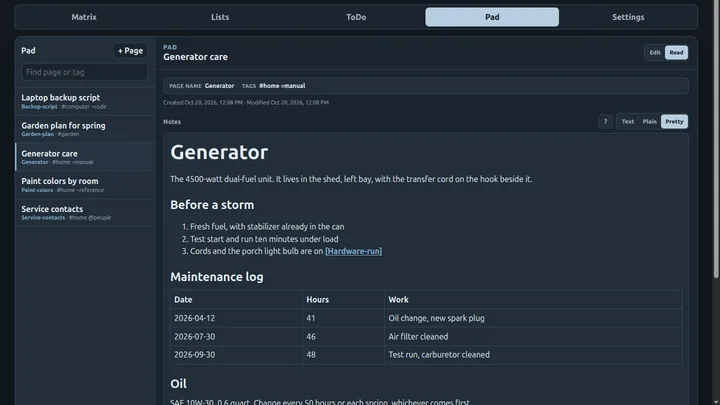 Pad: a notes page rendered from Markdown, with headings, a numbered list, a link and a table.