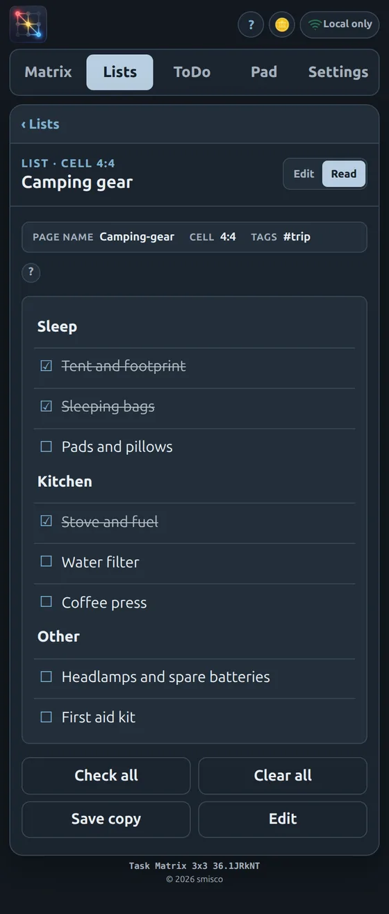 A packing List on a phone, in Read mode: headings for Sleep, Kitchen and Other, with three items checked and struck through, and Check all, Clear all, Save copy and Edit buttons below.