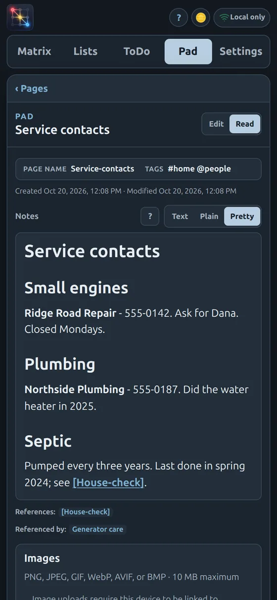 A Pad page on a phone listing service contacts under headings, followed by its References and Referenced by links.