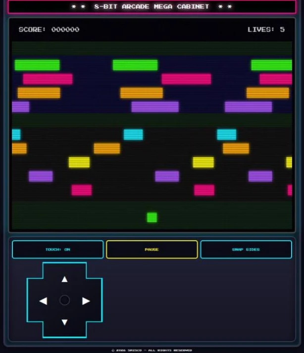 Neon Frogger in the compact layout with the touch D-pad below the play field.