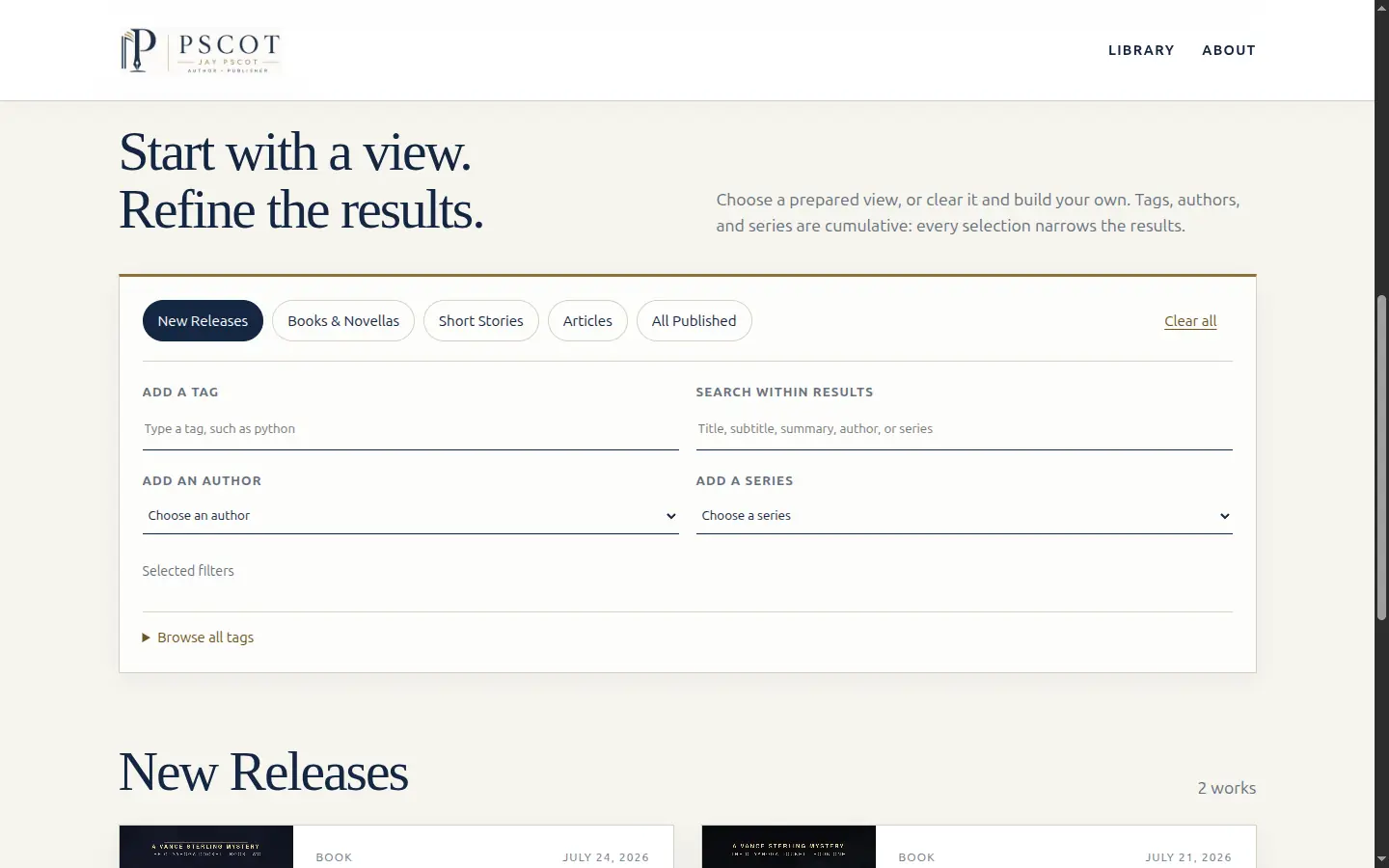 The filter panel with the New Releases prepared view active and tag, author, and series controls