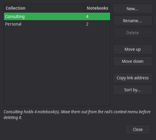 The collections manager: a list with two collections, Consulting holding four notebooks and Personal holding two, beside buttons to create, rename, delete, reorder, copy a link address and sort.