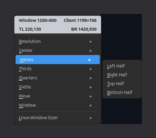The lws active-window menu: a live size readout at the top (window and client dimensions, corner coordinates) above preset groups — Resolution, Center, Halves, Thirds, Quarters, Sixths, Move, Window — with the Halves submenu open showing Left, Right, Top and Bottom Half.