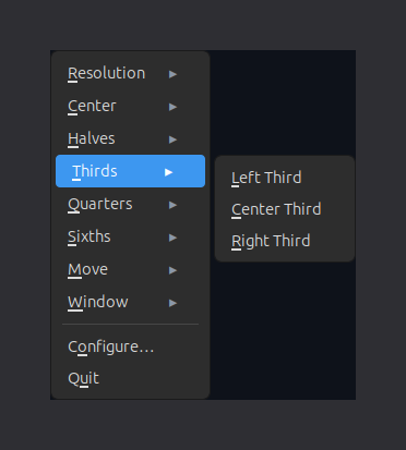 The lws tray menu: preset groups (Resolution, Center, Halves, Thirds, Quarters, Sixths, Move, Window) with the Thirds submenu open showing Left, Center and Right Third, then Configure and Quit.